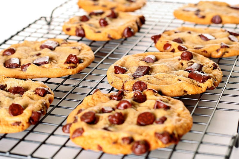 Chocolate chip cookies on cooling rack upclose