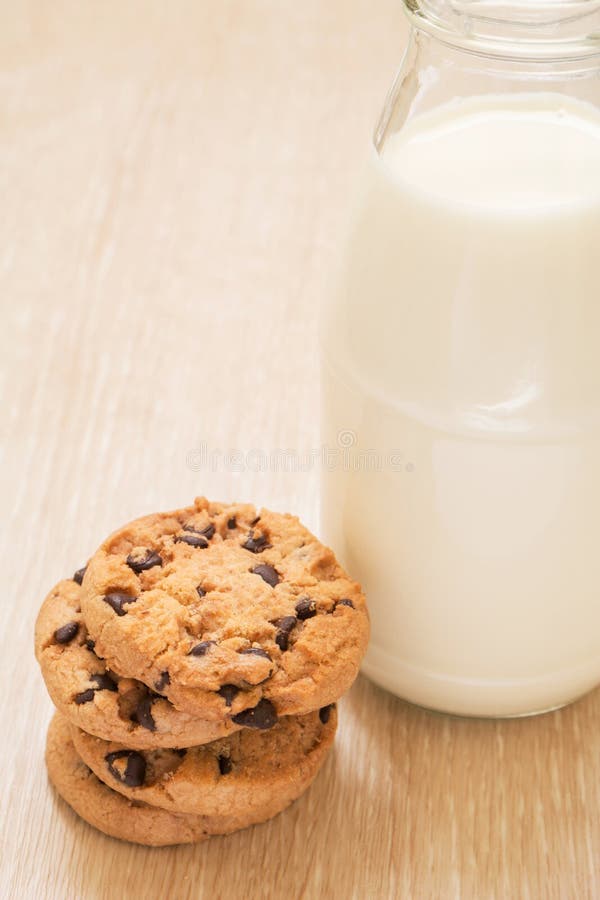 Chocolate chip cookies with milk bottle