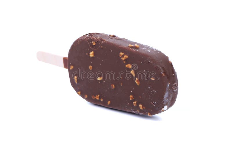 Chocolate-coated blocks of ice cream on stick.