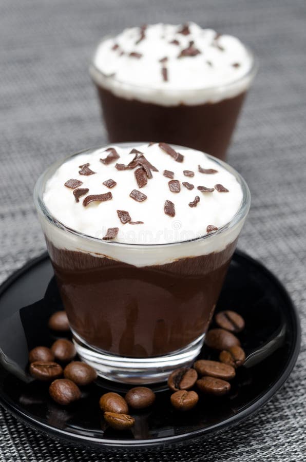 Chocolatecoffee Mousse with Whipped Cream in Glasses Stock Image