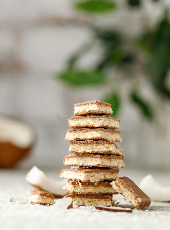 Chocolate Con Coco De Fondo Blanco. Pila De Chocolate Con Coco. Trozos