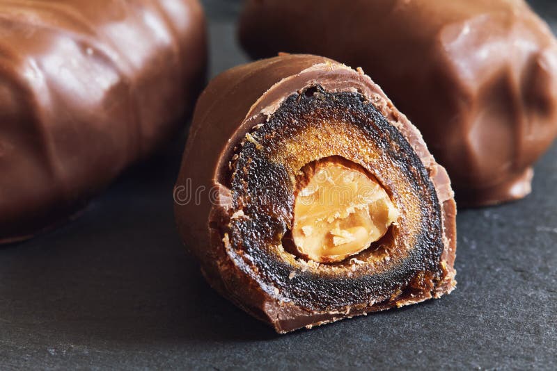 Chocolate covered dates stuffed with almonds