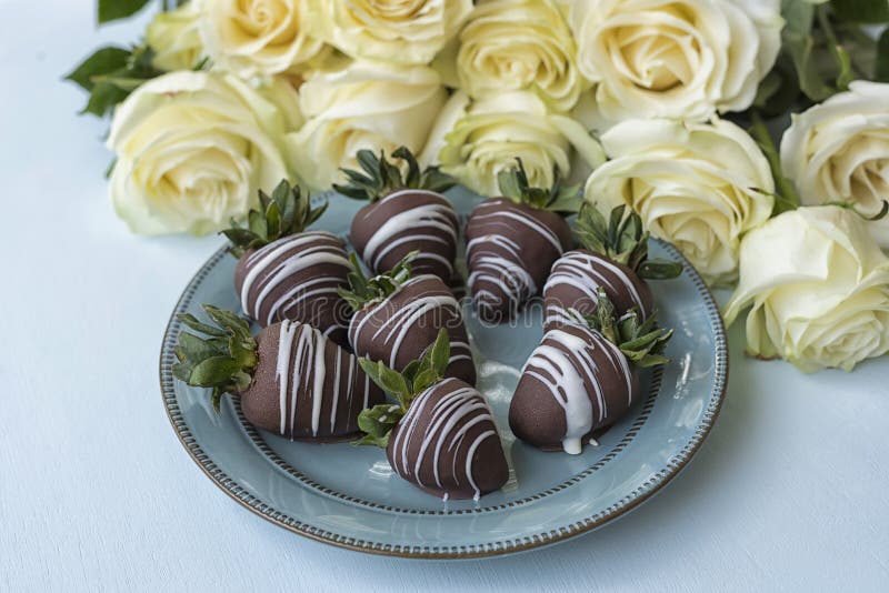 Chocolate Covered Strawberries and Roses. Stock Photo Image of icing