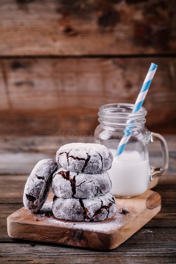 Chocolate Crinkle Cookies With Powdered Sugar Icing For Christmas Stock ...