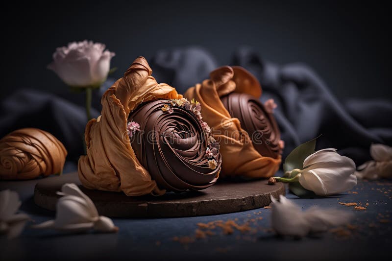 Chocolate croissant, cocoa bun illustration Generative AI royalty free stock photography