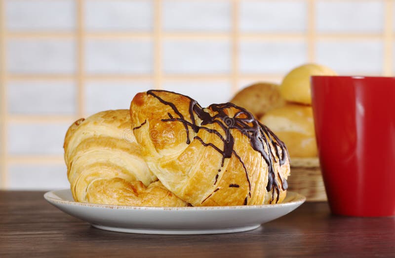Chocolate Croissants With Coffee Stock Photo Image of horizontal