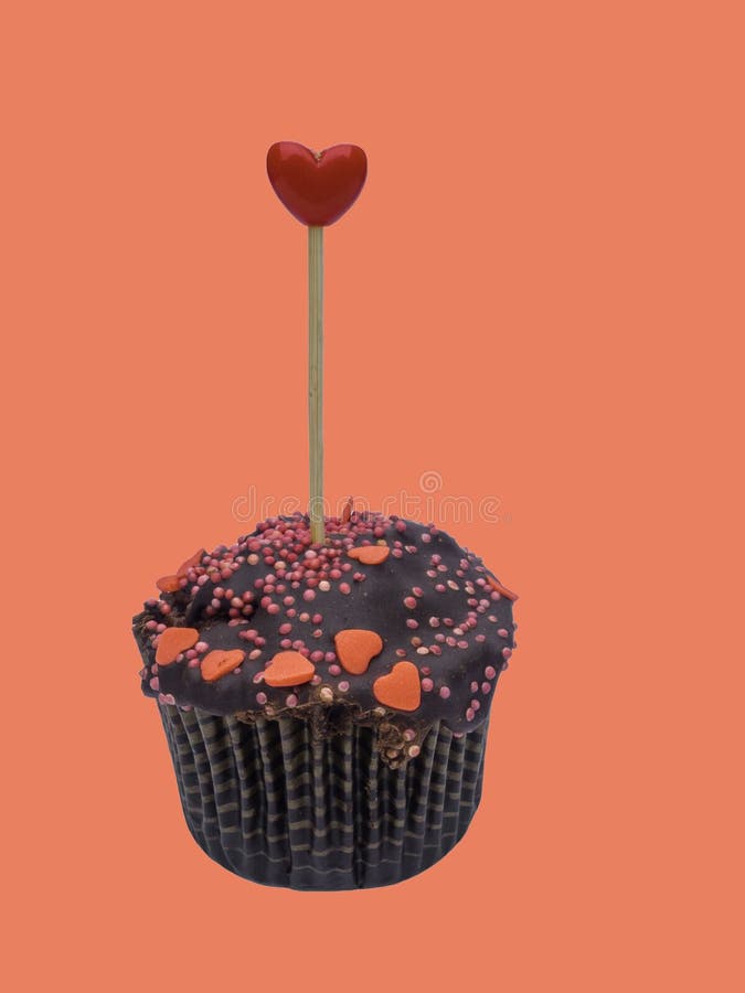 Chocolate cupcakes with frosting sugar hearts, sweet love concept. St. Valentine`s day, birthday, weeding, holiday greeting card on coral color background, copy space