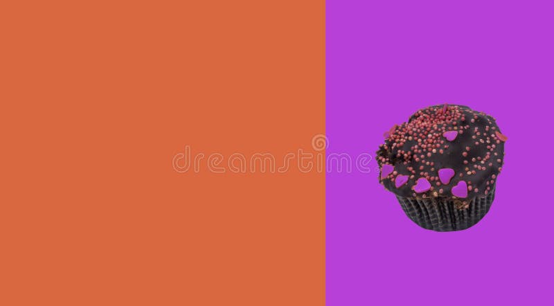 Chocolate cupcakes with frosting sugar hearts, sweet love concept. St. Valentine`s day, birthday, weeding, holiday greeting card, copy space. Coral and violet background. Banner