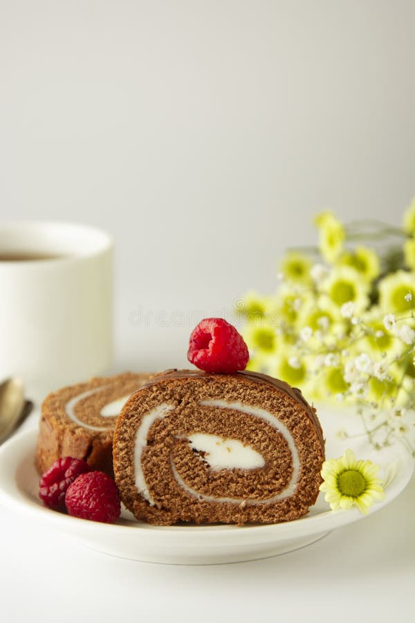 Chocolate de la torta de chocolate del rollo suizo con crema Postre Taza y torta de caf? del desayuno Fondo ligero imagen de archivo libre de regalías Chocolate de la torta de chocolate del rollo suizo con crema Postre Taza y torta de caf? del desayuno Fondo ligero imagen de archivo libre de regalías