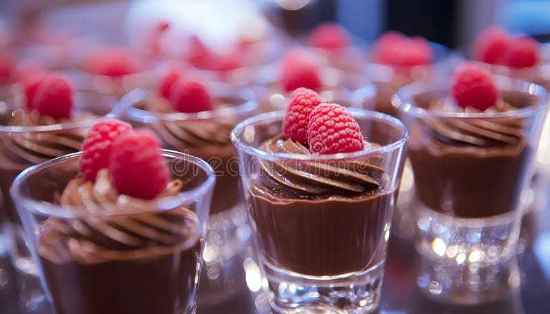 Chocolate dessert in glasses with raspberries. Chocolate mousse or pudding in portion glasses with fresh berries, close up,. Plain pudding stock images, royalty-free photos and pictures