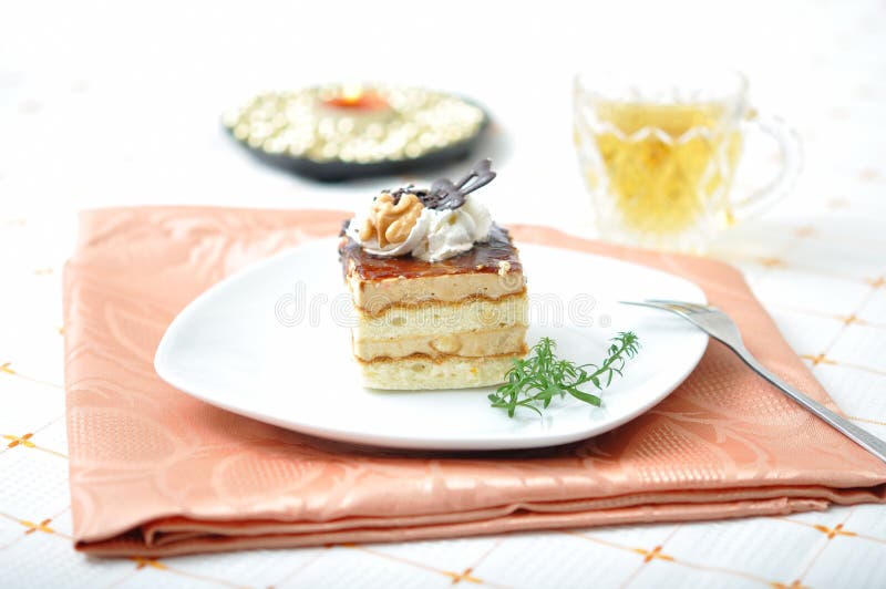 Chocolate dessert with tea and napkin