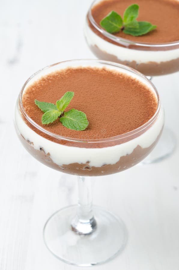 Chocolate dessert with whipped cream decorated with mint