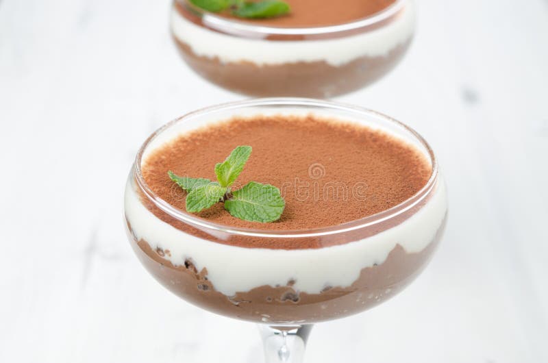 Chocolate dessert with whipped cream decorated with mint