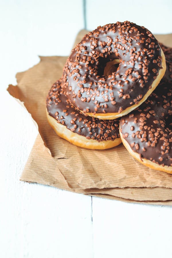 Chocolate Donuts and Coffee , Weekend Morning Table Breakfast. Vintage