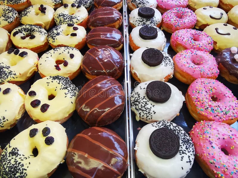 Chocolate Donuts Colorful and Fruit Icing Stock Image Image of