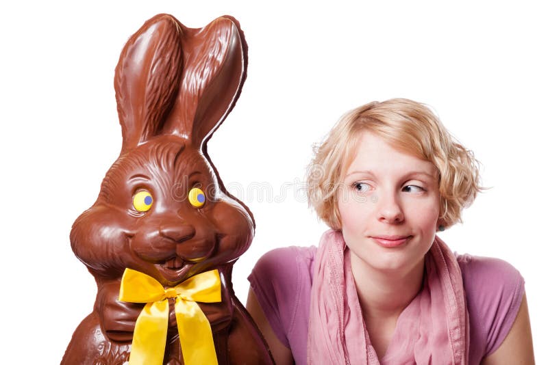 Chocolate Easter Bunny Looking at a Blond Girl Stock Image Image of