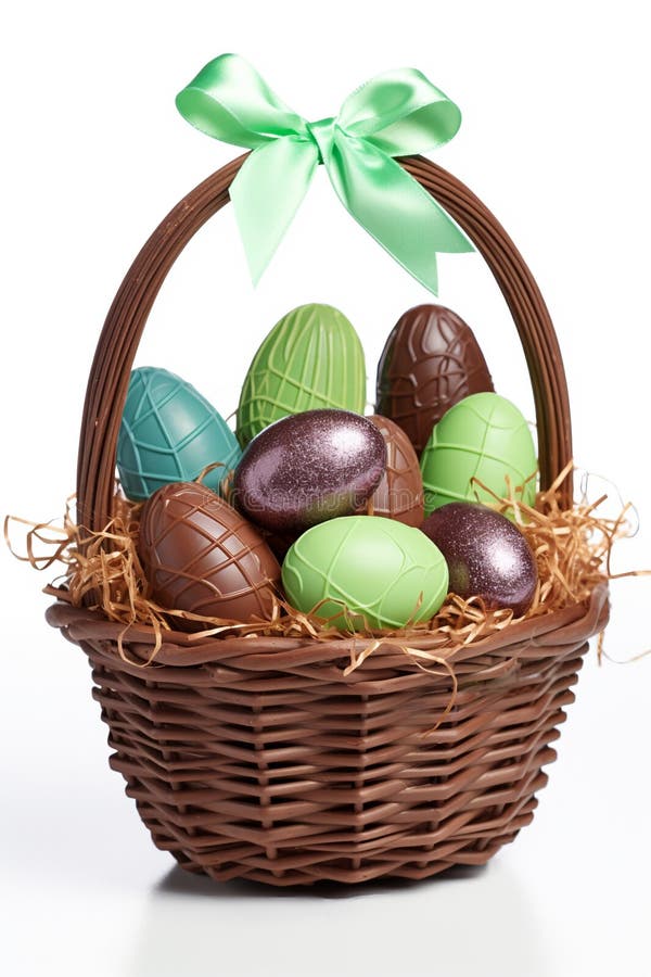 Chocolate Easter Egg Gift in a Basket on White Background, AI