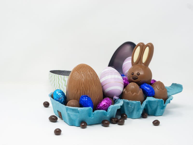 Chocolate Easter Eggs with a Happy Easter Bunny Stock Photo Image of