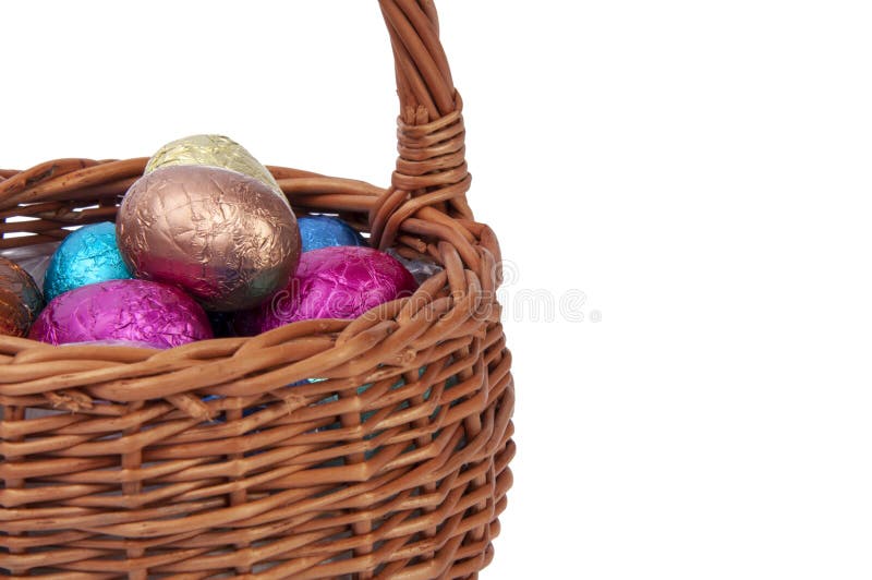Chocolate Easter Eggs in Wooden Basket Isolated on the White Stock