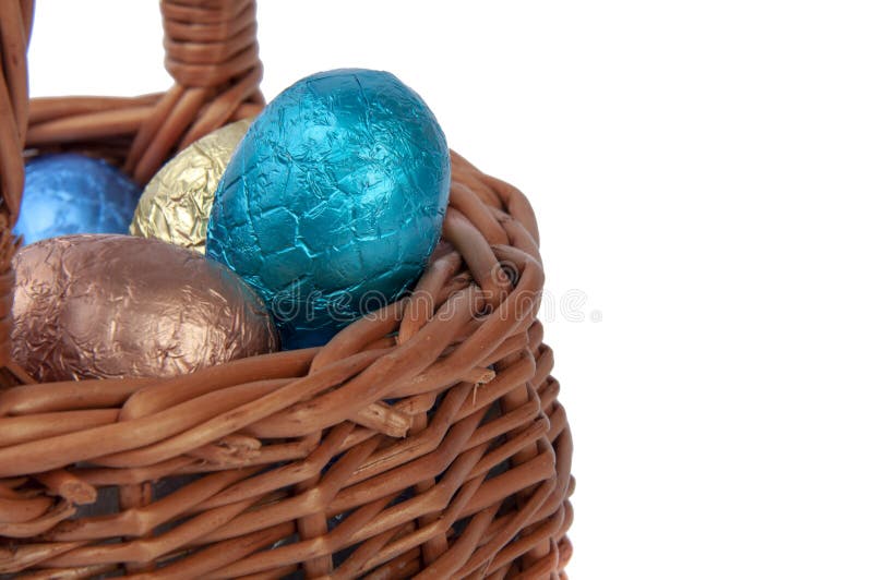 Chocolate Easter Eggs in Wooden Basket Isolated on the White Stock