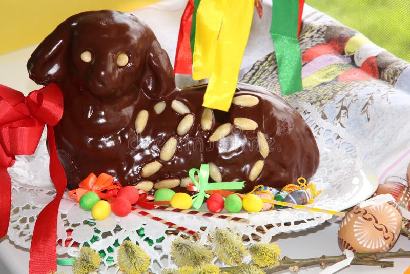 Chocolate Easter Lamb 25 with Easter Eggs Decoration Upper View Stock