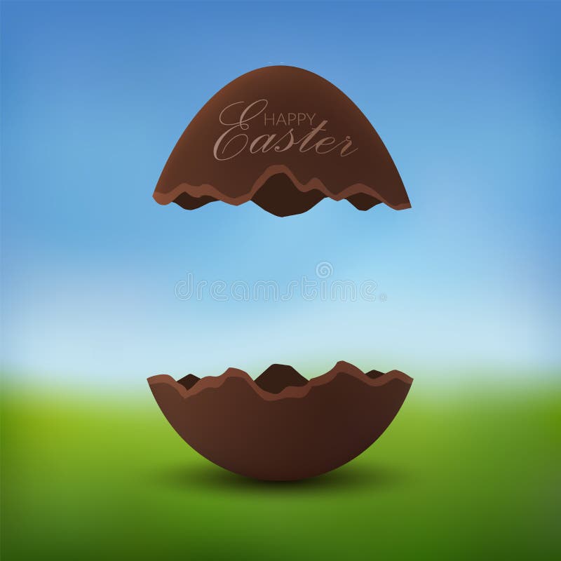 Chocolate egg 3D Happy Easter text. Broken brown Easter egg, blurred green grass field, blue sky meadow background