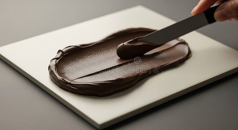 A hand spreads chocolate frosting on a white surface with a spatula. The frosting is smooth and glossy. Frosting spatula illustrations