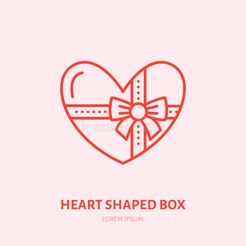 Chocolate in heart shaped box illustration. Sweets flat line icon, candy shop logo. Valentines day present sign