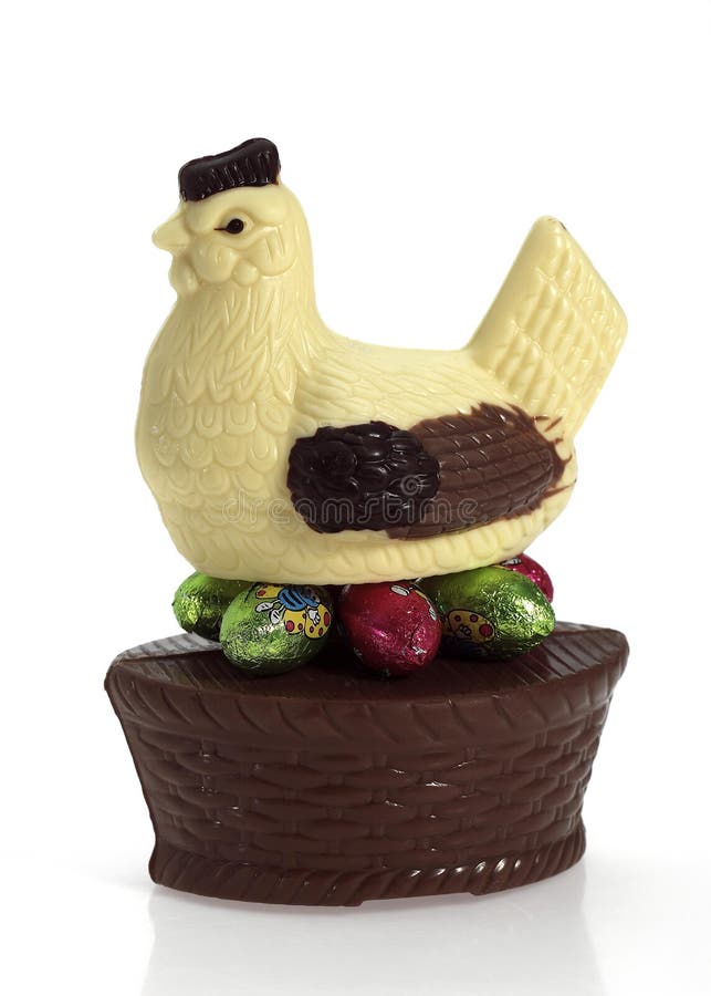 Chocolate Hen and Eggs for Easter Against White Background Stock Image