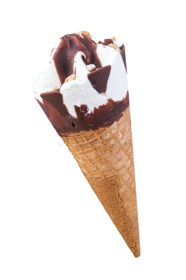 Chocolate Flavor Ice Cream in a Waffle Cone with Chocolate Sauce and