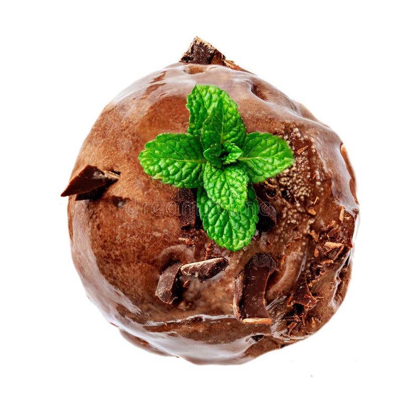 Chocolate Ice Cream Ball and Chocolate Chunks Isolated on White