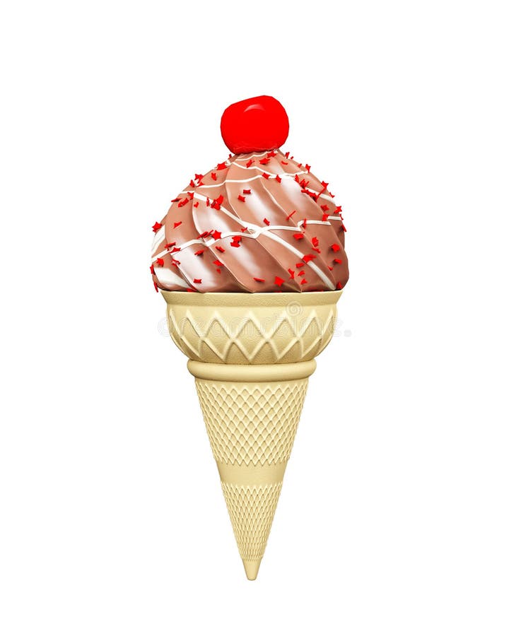 Chocolate Ice Cream Cone Cherry Top Isolated White Stock