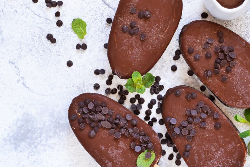Chocolate Icecream. Popsicle on Concrete Background. Top View Stock