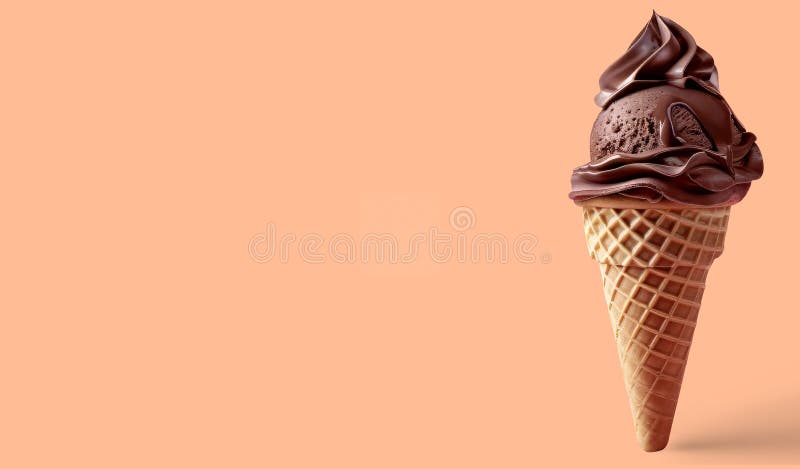 Chocolate ice cream swirl in waffle cone on peach fuzz colored background. Soft serve cold dessert vector illustration