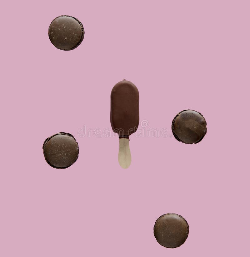 Chocolate Ice Lolly and French Macrons on Purple Background. Stock
