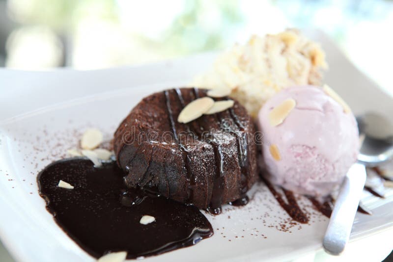 Chocolate Lava Cake with Ice Cream Stock Image Image of bokeh, buffet