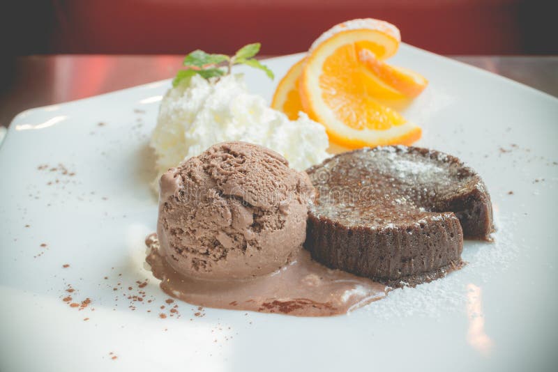 Chocolate Lava Cake Set with Ice Cream Stock Image - Image of lava