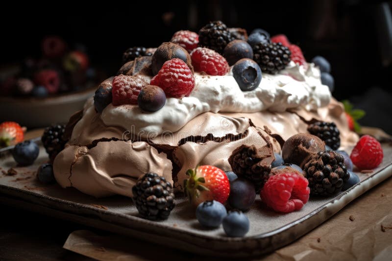 Chocolate Meringue Dessert with White Chocolate Ganache and Fresh