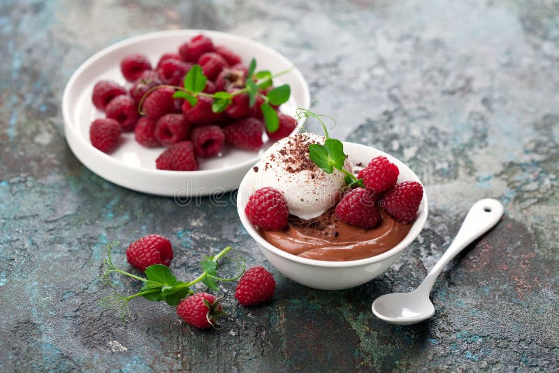 Chocolate mousse dessert with vanilla ice cream and fresh raspberries stock photography