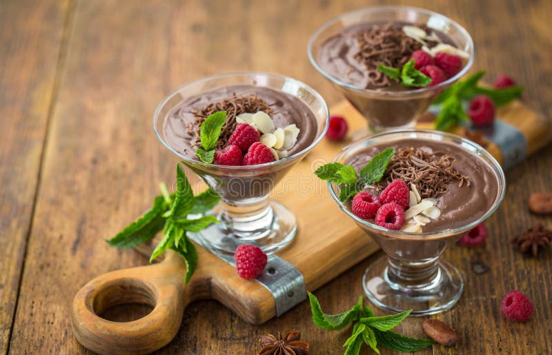 Chocolate Mousse with Raspberry, Mint and Almonds Stock Photo Image