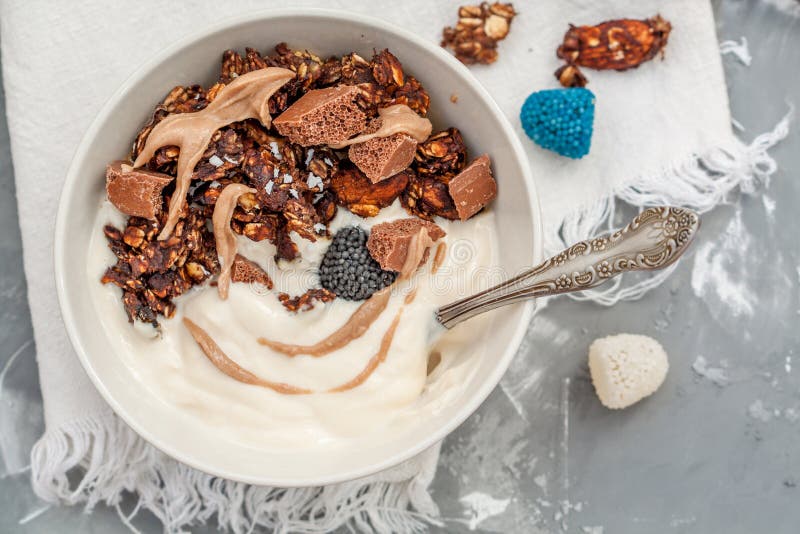 Chocolate Muesli with Yogurt Stock Photo Image of dairy, granola 84816220