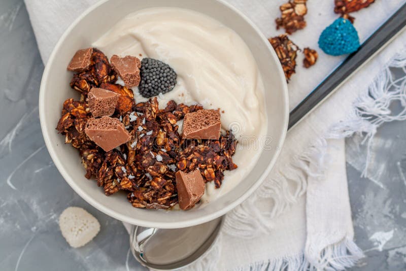 Chocolate Muesli with Yogurt Stock Image Image of milk, butter 84816863