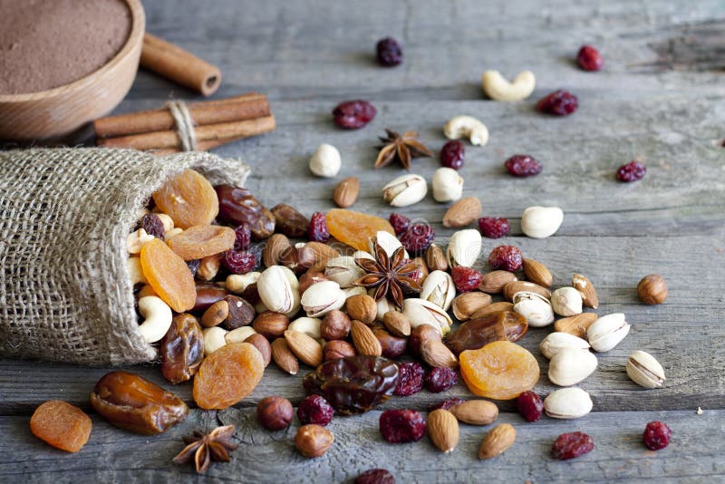 Chocolate nuts dried fruits and candy