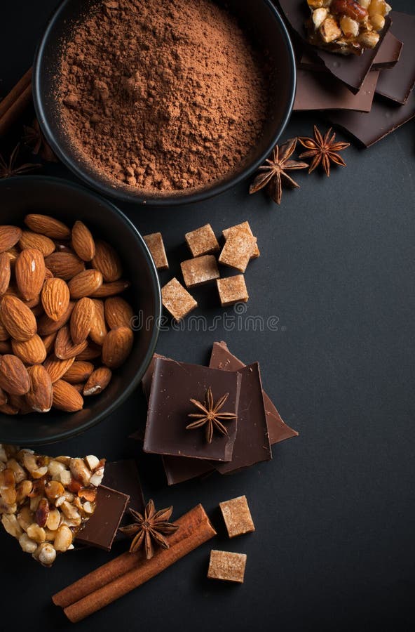Chocolate, Nuts, Sweets, Spices and Brown Sugar Stock Photo - Image of