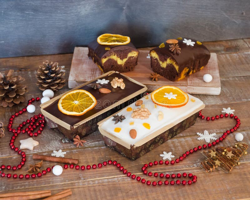 Chocolate orange Christmas  cake with fir tree and other decoration