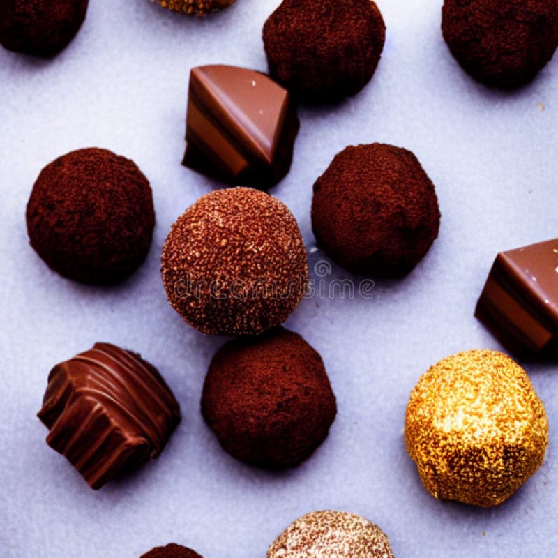 Chocolate oscuro rellenado marrón y cacao en polvo trufas pralinas postre comida de ai generado arte. Chocolate oscuro relleno marrón y cacao en polvo trufa pralines postre pastelería comida cocina ai generó arte generativo ai