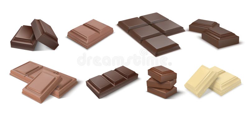 Chocolate pieces. Realistic dark bars and chunks of milky chocolate, 3D blocks of cocoa dessert. Vector square chocolate snacks and white and black candies