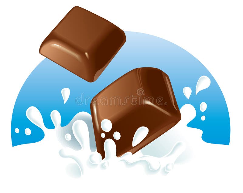 Due pezzi di cioccolato che cade nel latte, sfondo blu.