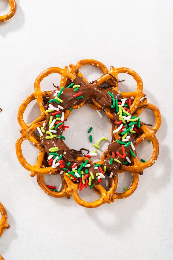 Chocolate Pretzel Christmas Wreath Stock Photo - Image of recipe, snack ...