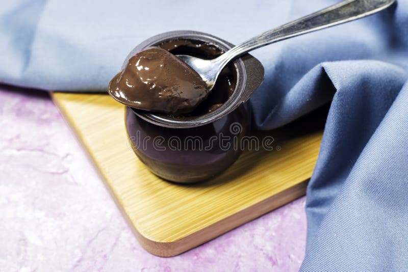 Chocolate Pudding Brown Cup Plastic with Spoon Stock Image Image of